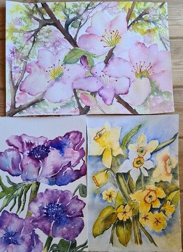Chris M, Spring flowers, watercolour.